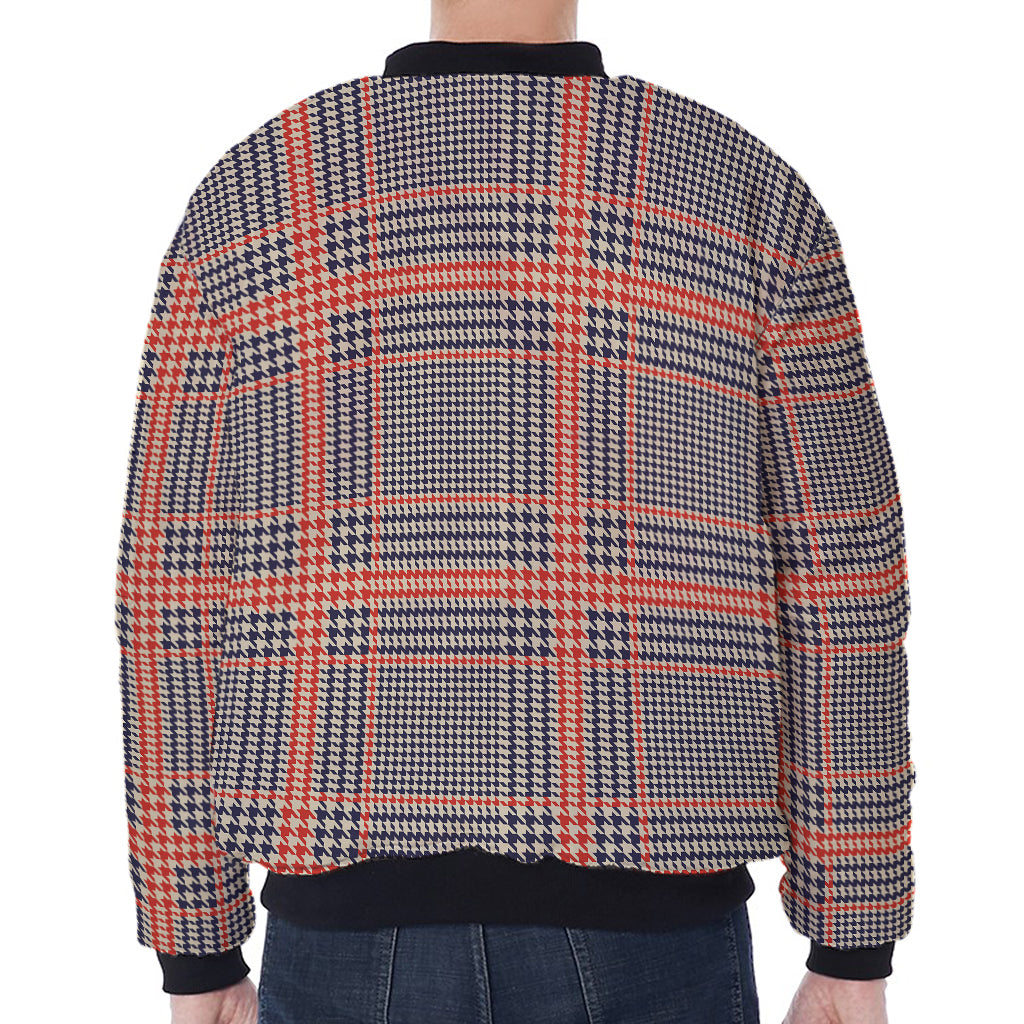 Blue Beige And Orange Glen Plaid Print Zip Sleeve Bomber Jacket