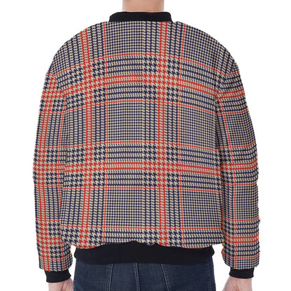 Blue Beige And Orange Glen Plaid Print Zip Sleeve Bomber Jacket