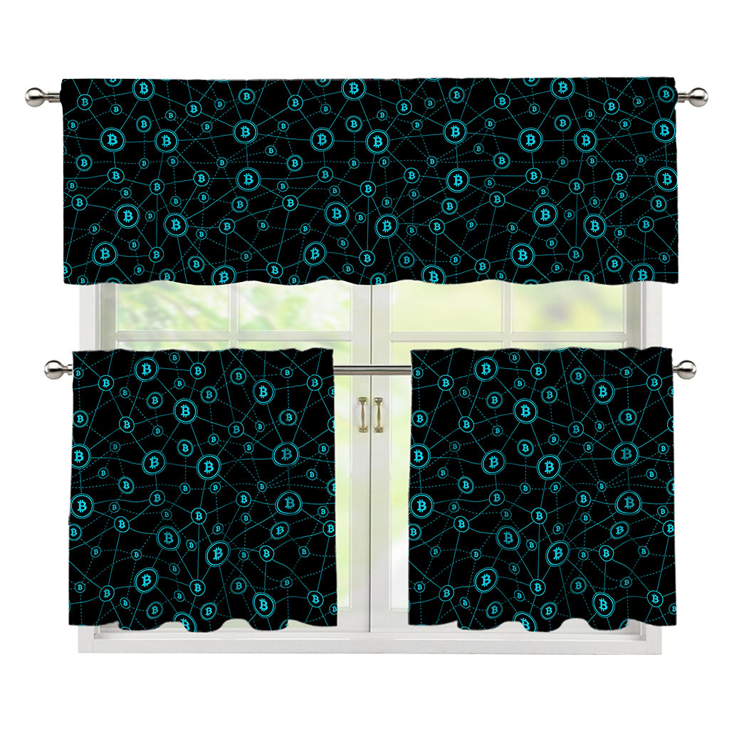 Blue Bitcoin Pattern Print 3 Piece Kitchen Curtains