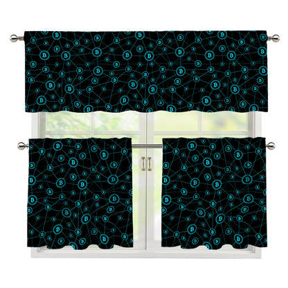 Blue Bitcoin Pattern Print 3 Piece Kitchen Curtains
