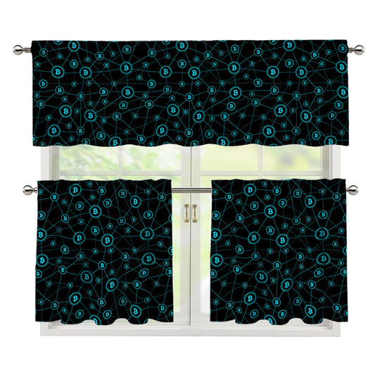 Blue Bitcoin Pattern Print 3 Piece Kitchen Curtains