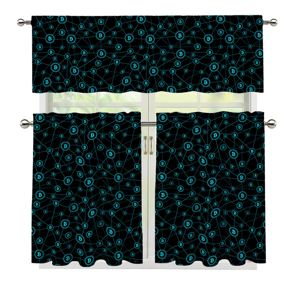 Blue Bitcoin Pattern Print 3 Piece Kitchen Curtains