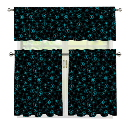 Blue Bitcoin Pattern Print 3 Piece Kitchen Curtains