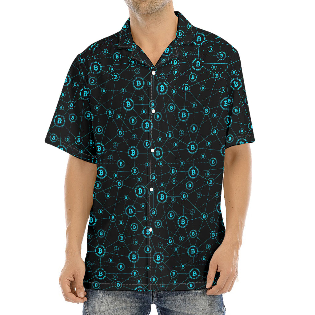 Blue Bitcoin Pattern Print Aloha Shirt