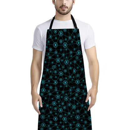 Blue Bitcoin Pattern Print Bib Apron With Pocket