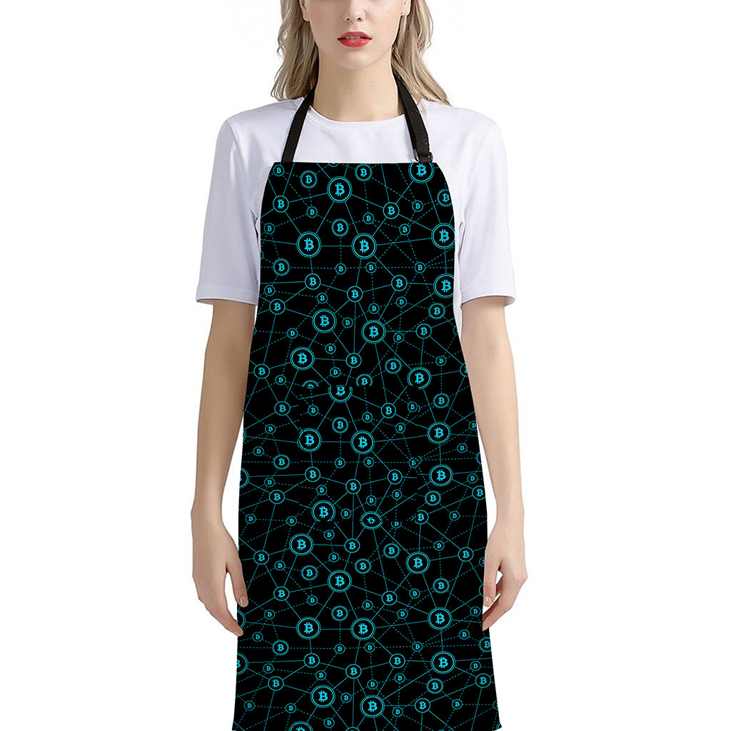 Blue Bitcoin Pattern Print Bib Apron With Pocket