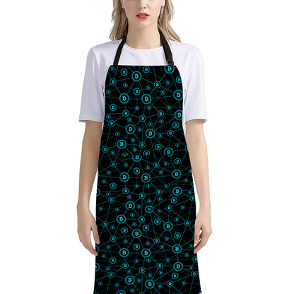 Blue Bitcoin Pattern Print Bib Apron With Pocket