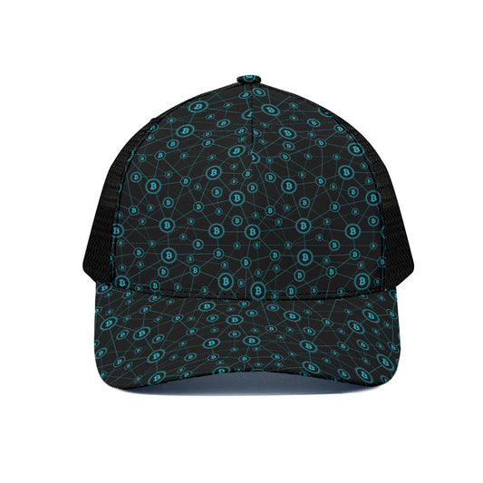 Blue Bitcoin Pattern Print Black Mesh Trucker Cap