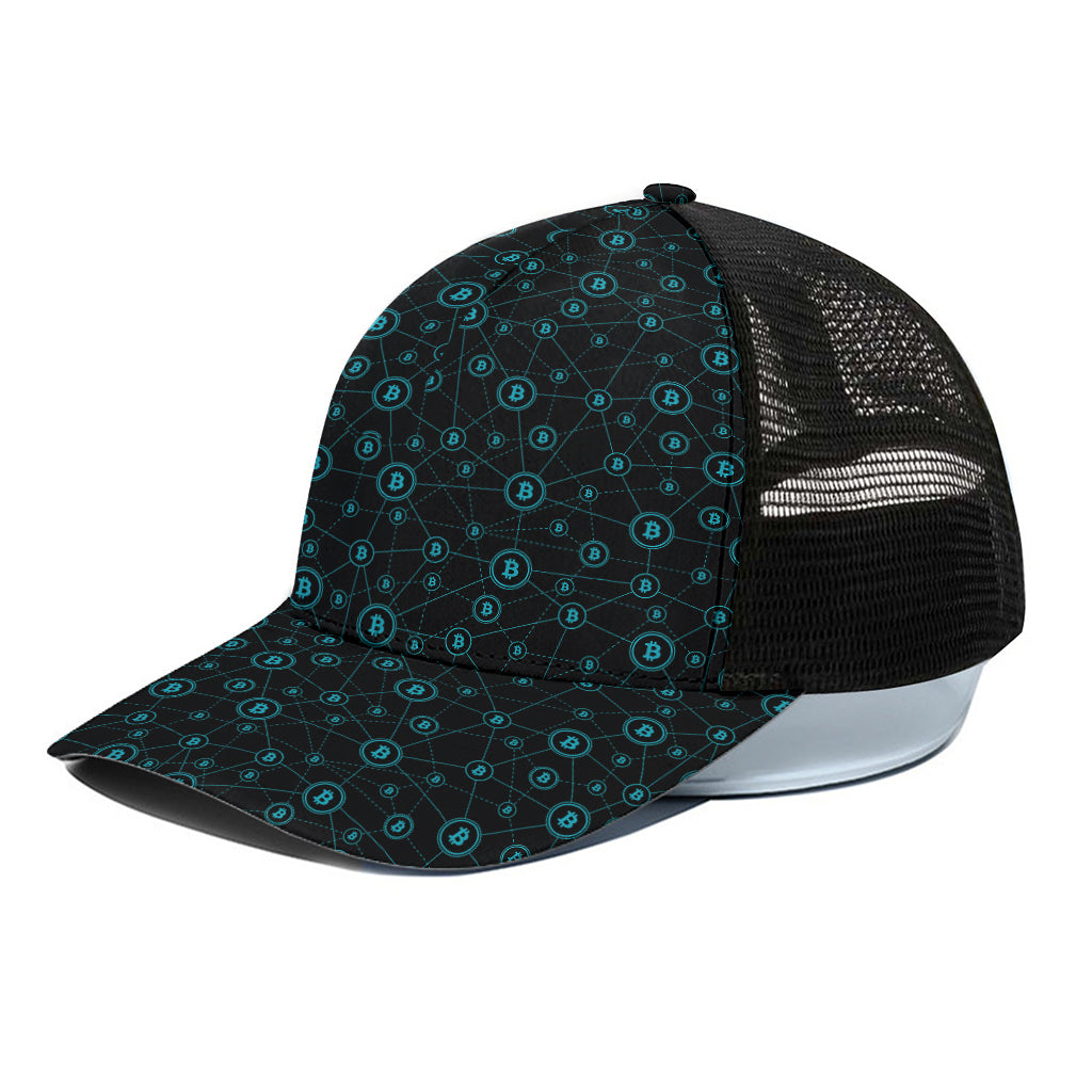 Blue Bitcoin Pattern Print Black Mesh Trucker Cap