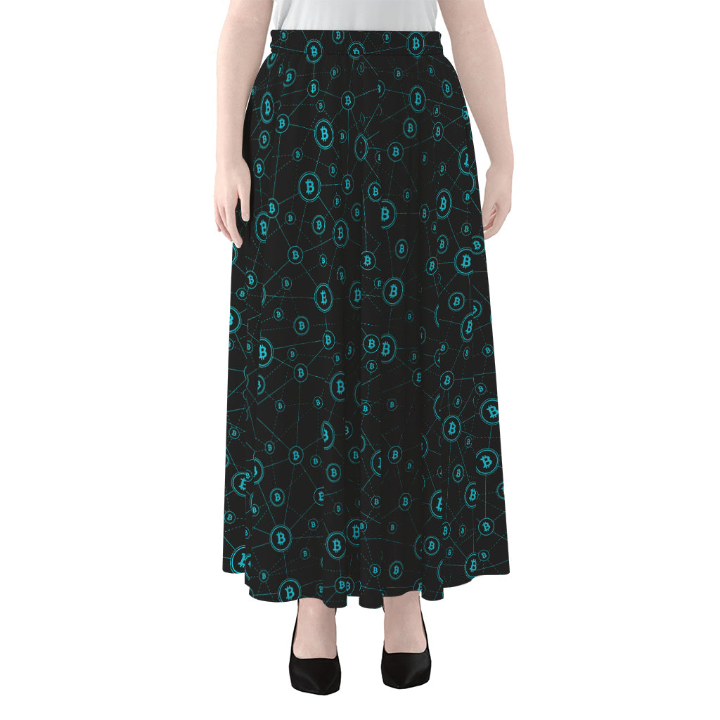 Blue Bitcoin Pattern Print Chiffon Maxi Skirt