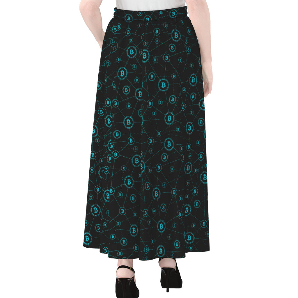 Blue Bitcoin Pattern Print Chiffon Maxi Skirt