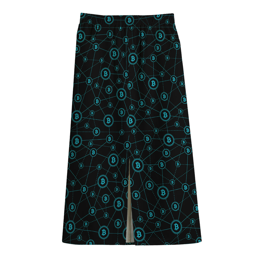 Blue Bitcoin Pattern Print Cotton Front Slit Maxi Skirt