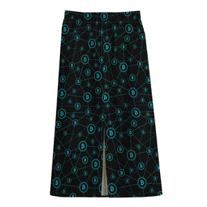 Blue Bitcoin Pattern Print Cotton Front Slit Maxi Skirt