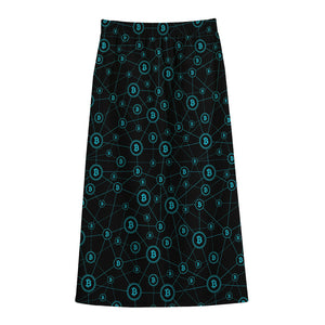 Blue Bitcoin Pattern Print Cotton Front Slit Maxi Skirt