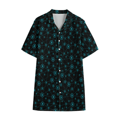 Blue Bitcoin Pattern Print Cotton Hawaiian Shirt