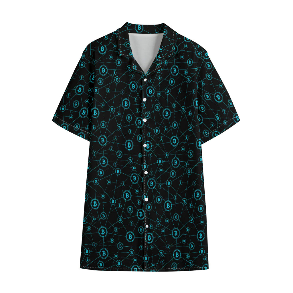 Blue Bitcoin Pattern Print Cotton Hawaiian Shirt