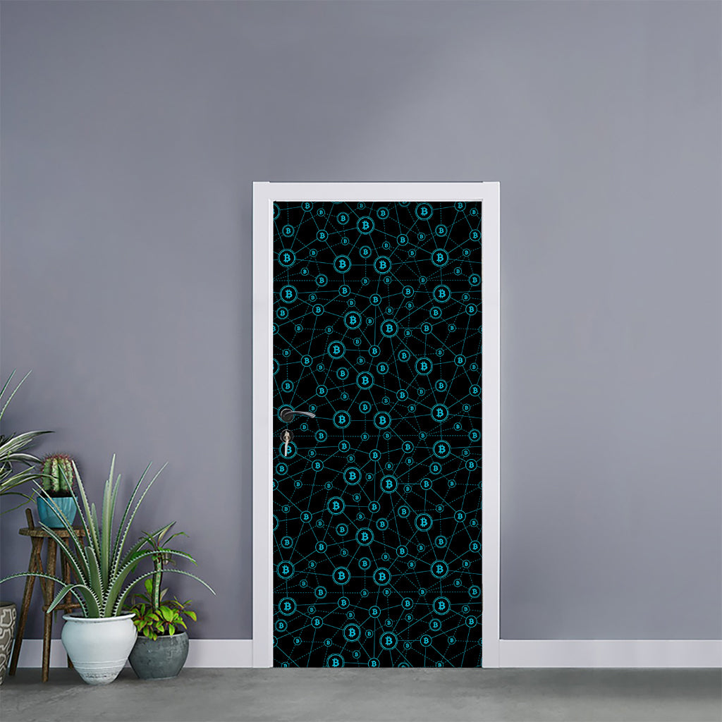 Blue Bitcoin Pattern Print Door Sticker