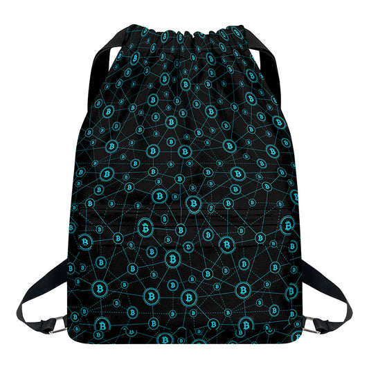 Blue Bitcoin Pattern Print Drawstring Backpack