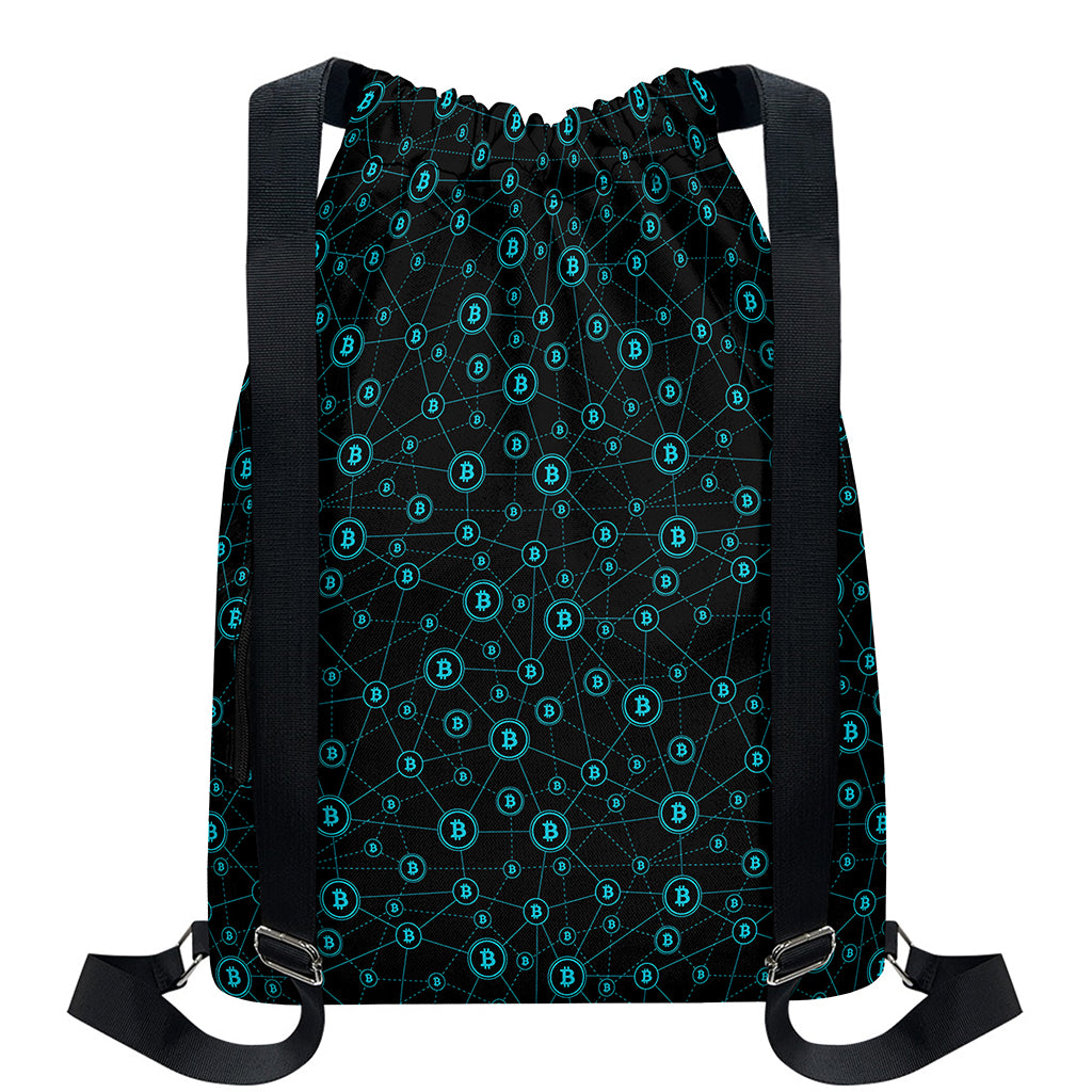 Blue Bitcoin Pattern Print Drawstring Backpack