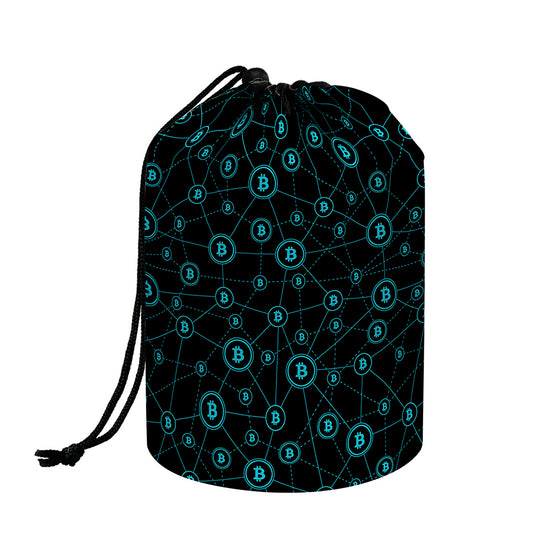 Blue Bitcoin Pattern Print Drawstring Makeup Bag