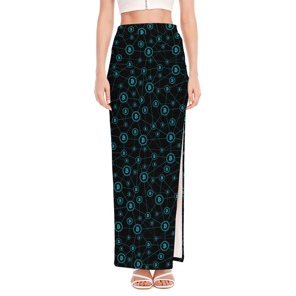 Blue Bitcoin Pattern Print High Slit Maxi Skirt