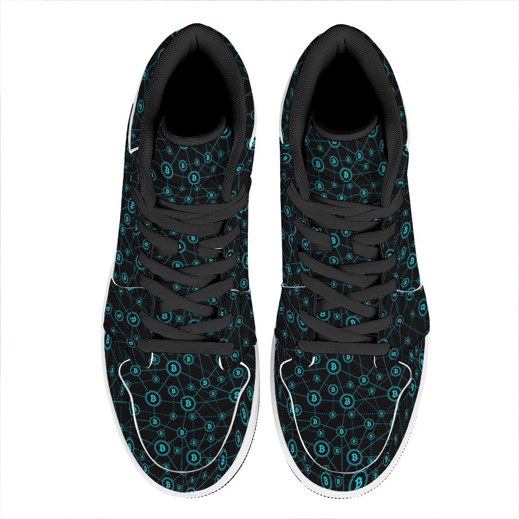 Blue Bitcoin Pattern Print High Top Leather Sneakers