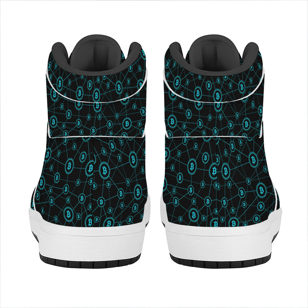 Blue Bitcoin Pattern Print High Top Leather Sneakers