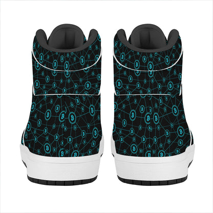 Blue Bitcoin Pattern Print High Top Leather Sneakers