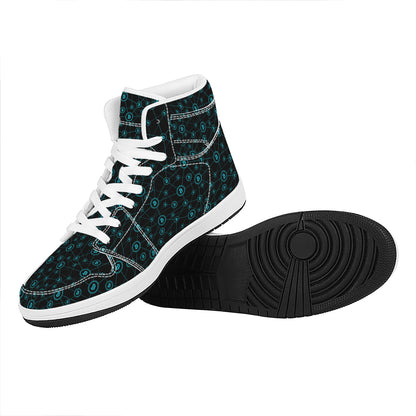 Blue Bitcoin Pattern Print High Top Leather Sneakers