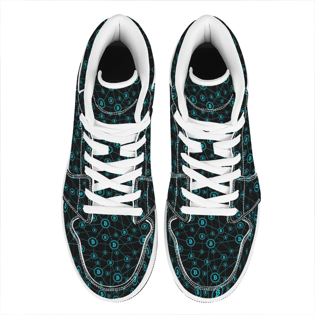 Blue Bitcoin Pattern Print High Top Leather Sneakers