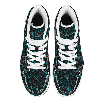 Blue Bitcoin Pattern Print High Top Leather Sneakers