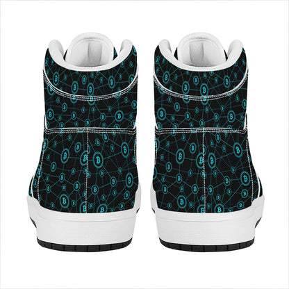 Blue Bitcoin Pattern Print High Top Leather Sneakers