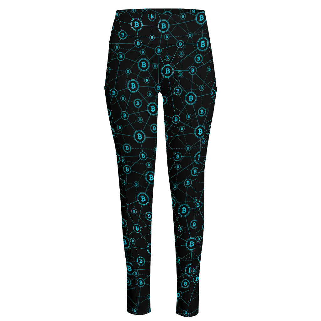 Blue Bitcoin Pattern Print High-Waisted Pocket Leggings