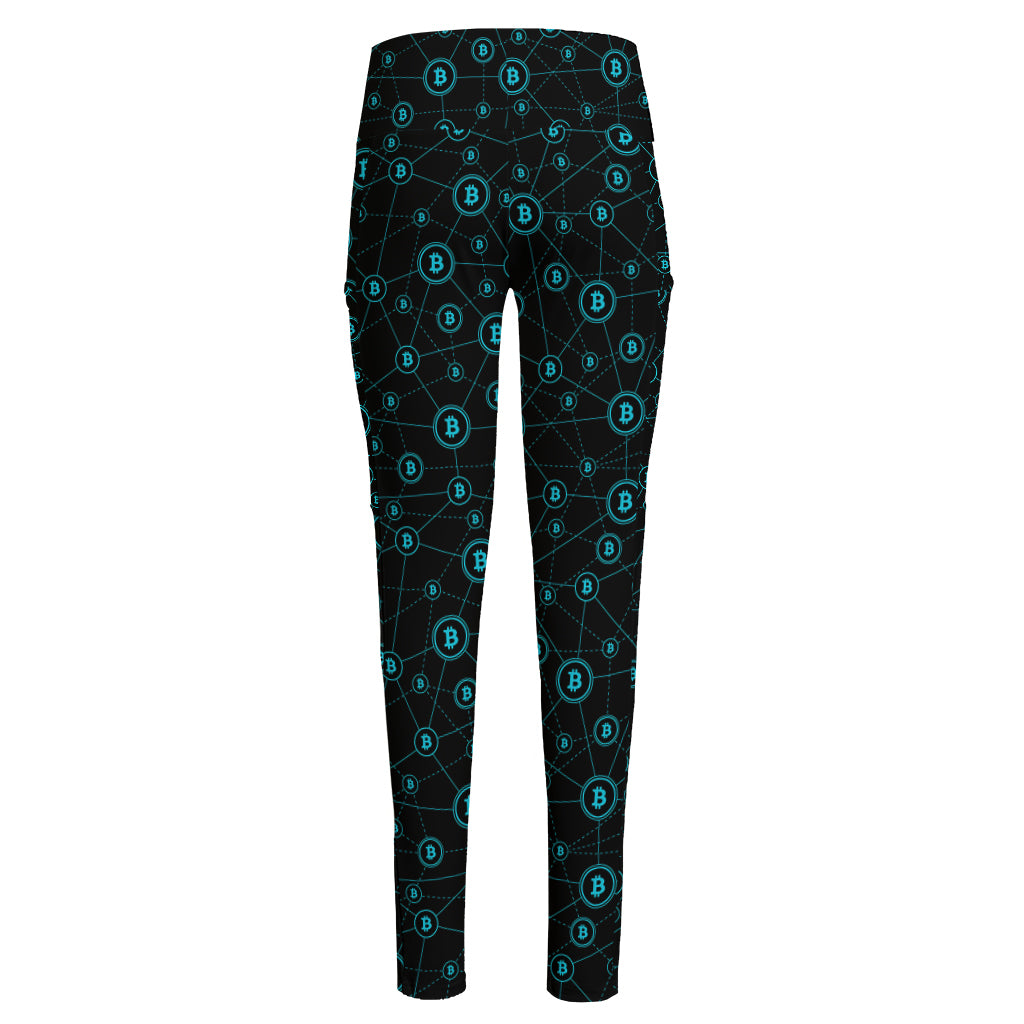 Blue Bitcoin Pattern Print High-Waisted Pocket Leggings