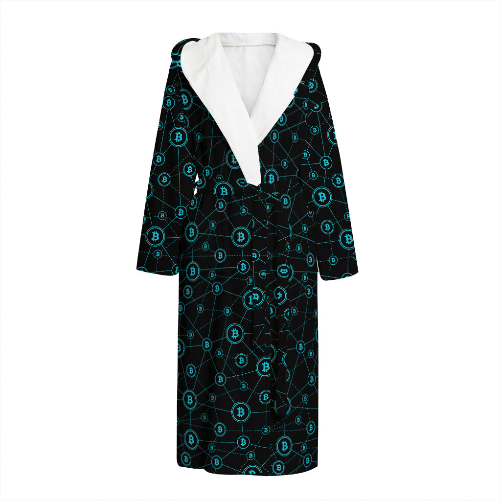 Blue Bitcoin Pattern Print Hooded Bathrobe