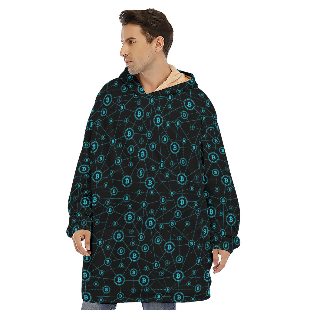 Blue Bitcoin Pattern Print Hoodie Blanket