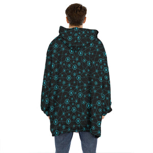 Blue Bitcoin Pattern Print Hoodie Blanket