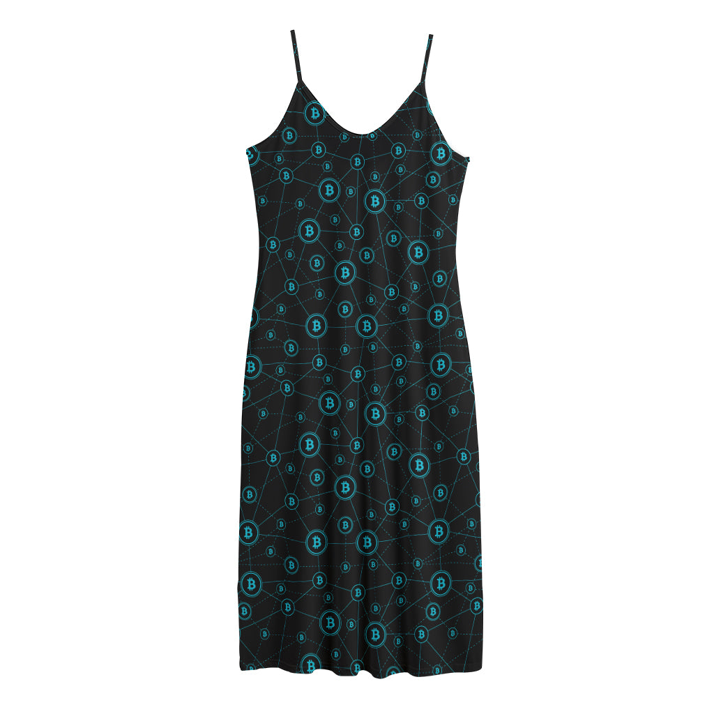 Blue Bitcoin Pattern Print Jersey Midi Cami Dress