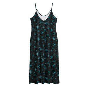 Blue Bitcoin Pattern Print Jersey Midi Cami Dress