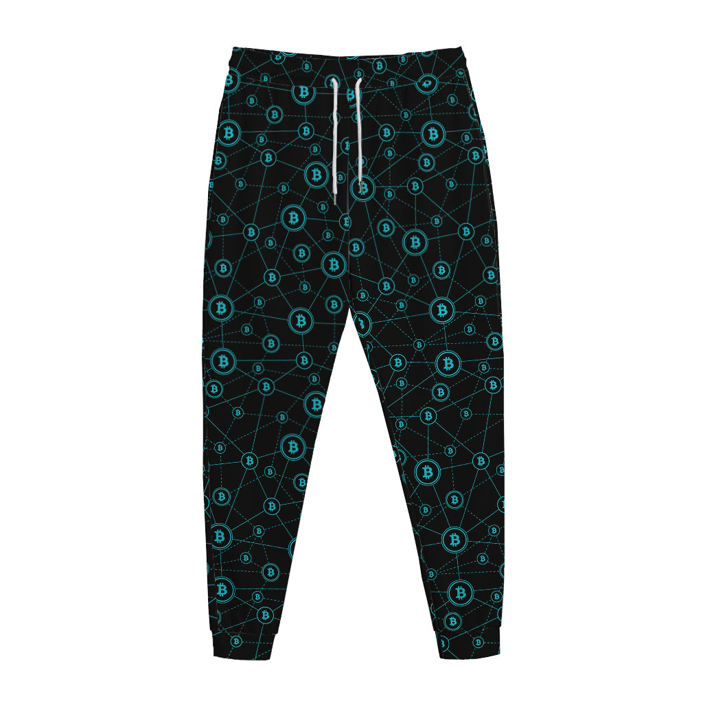 Blue Bitcoin Pattern Print Jogger Pants