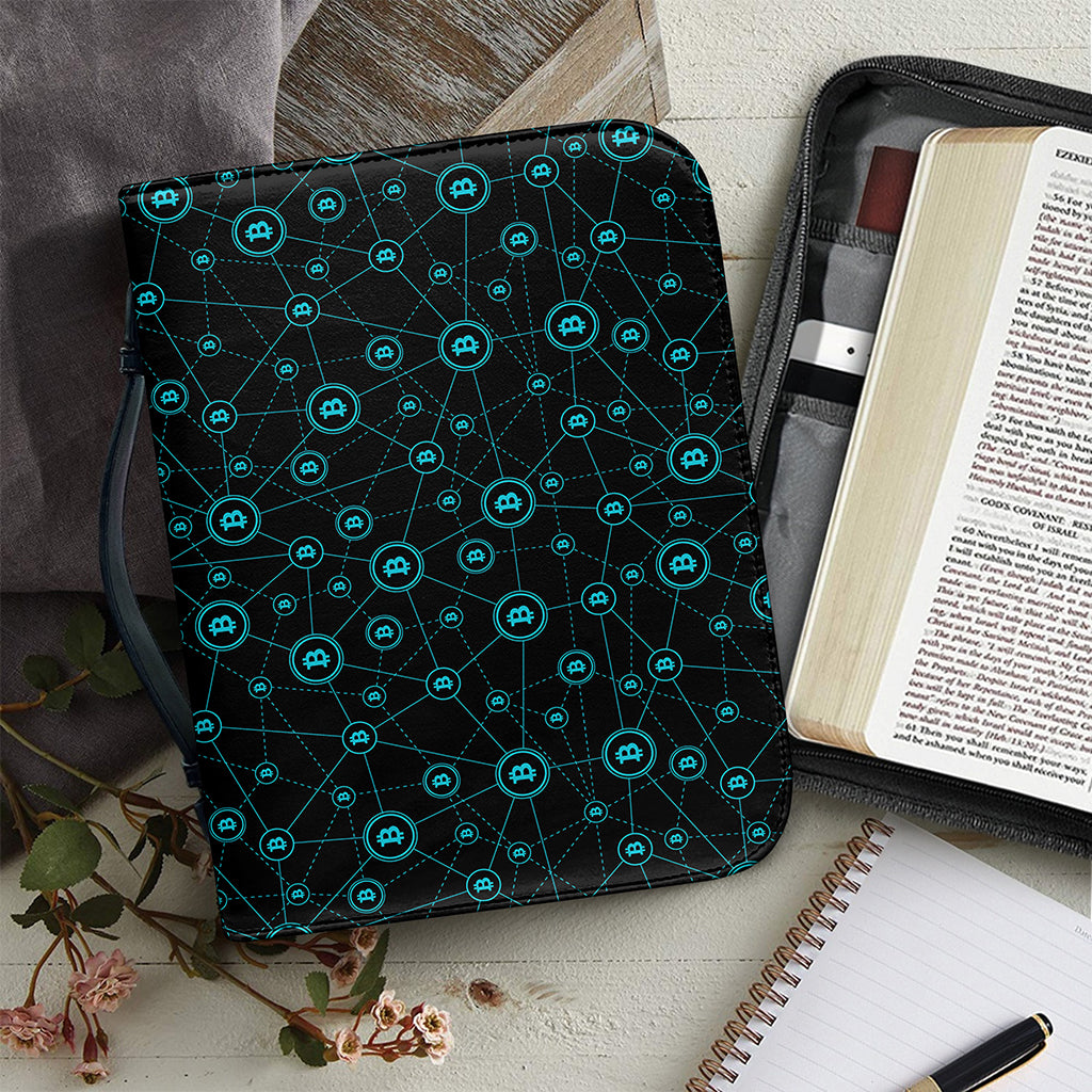 Blue Bitcoin Pattern Print Leather Bible Cover