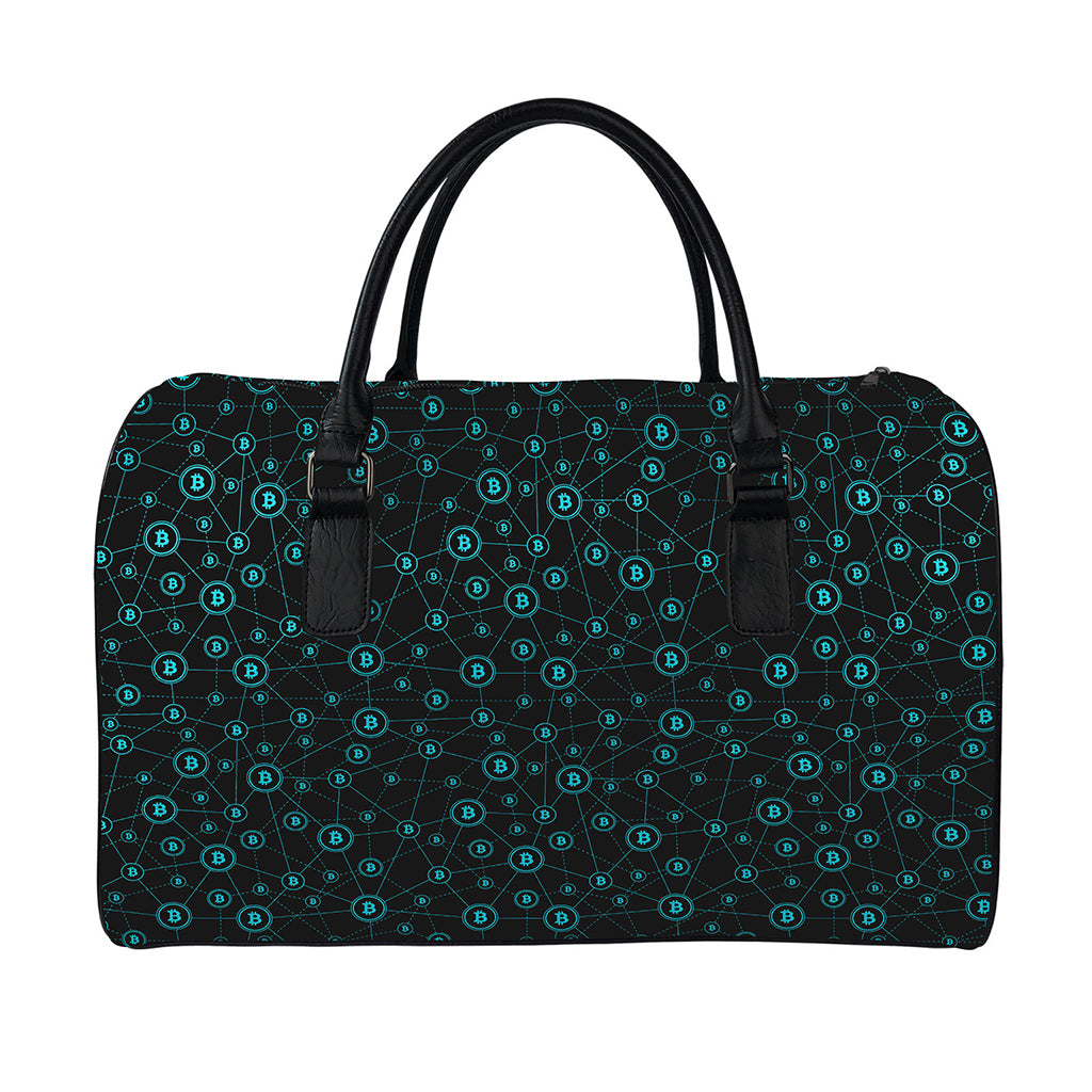 Blue Bitcoin Pattern Print Leather Duffle Bag