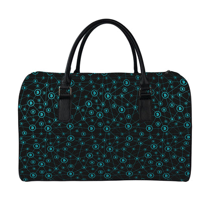 Blue Bitcoin Pattern Print Leather Duffle Bag