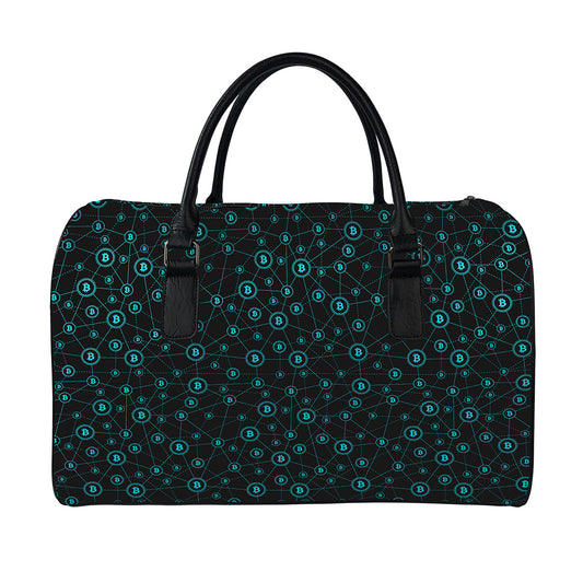 Blue Bitcoin Pattern Print Leather Duffle Bag