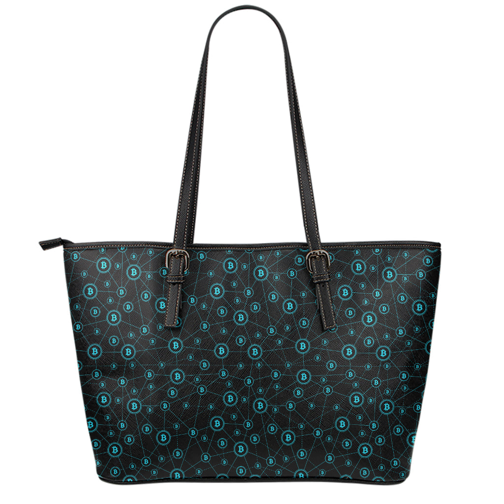 Blue Bitcoin Pattern Print Leather Tote Bag