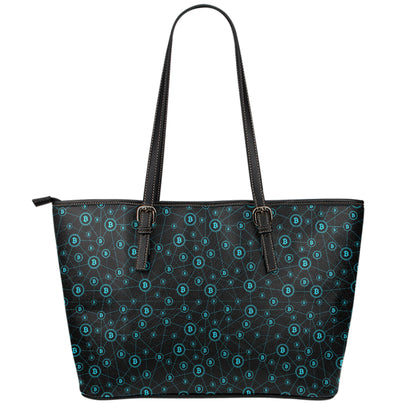 Blue Bitcoin Pattern Print Leather Tote Bag