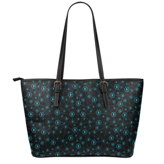 Blue Bitcoin Pattern Print Leather Tote Bag