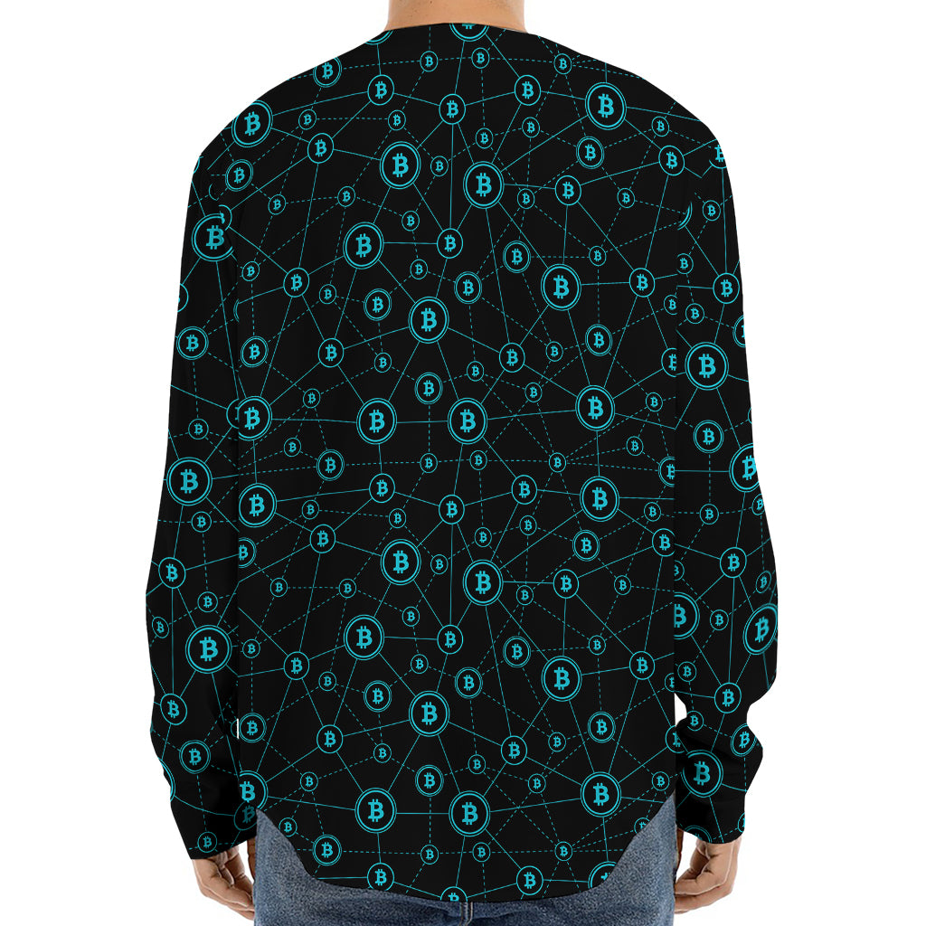 Blue Bitcoin Pattern Print Long Sleeve Baseball Jersey