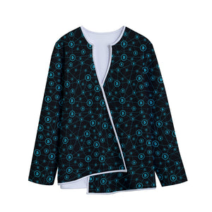 Blue Bitcoin Pattern Print Long Sleeve Short Coat