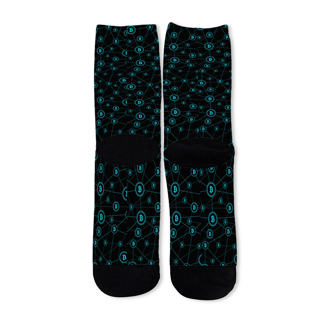 Blue Bitcoin Pattern Print Long Socks